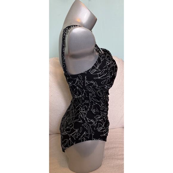 DKNY Twist Tummy Control One Piece Swimsuit Size XL Black White Floral Wireless - Picture 4 of 7